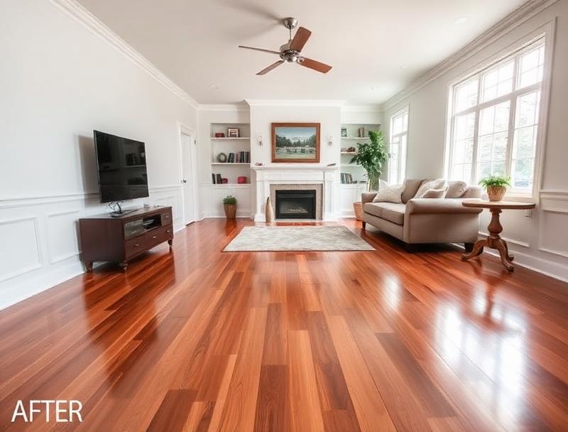 Fully restored living room with gleaming hardwood floors after water damage restoration
