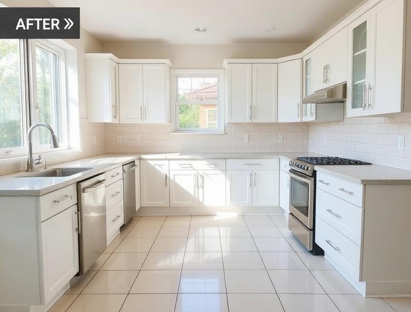 Pristine restored kitchen with new tile floors after professional water extraction