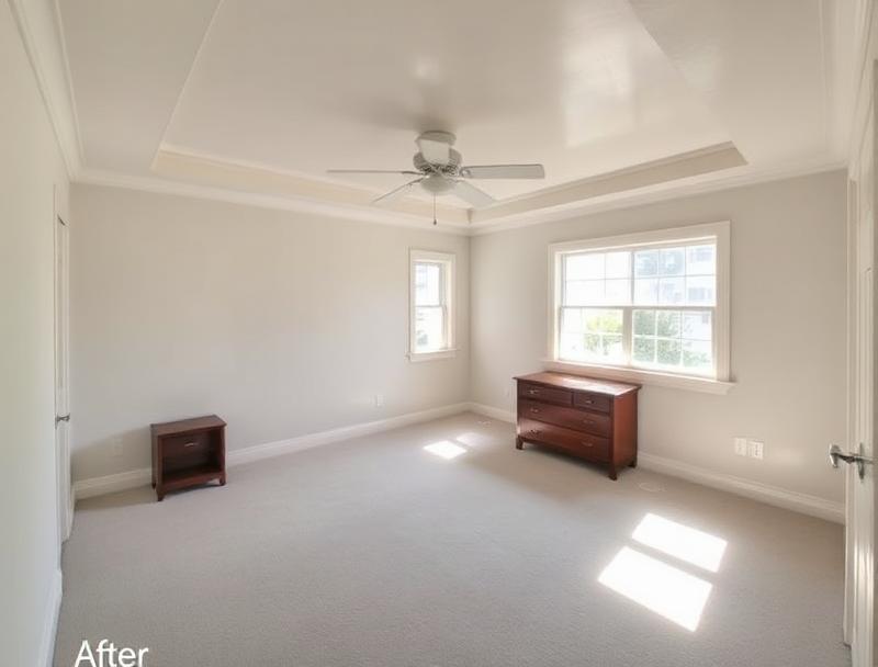 Beautifully restored bedroom with fresh ceiling and new carpet after water damage repair