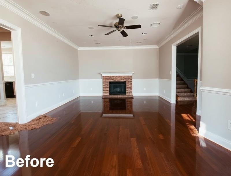 Water damaged living room with flooded hardwood floors in Dallas home before restoration