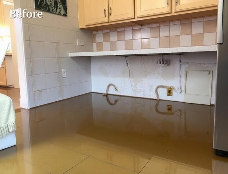 Flooded kitchen with standing water under cabinets before water damage cleanup