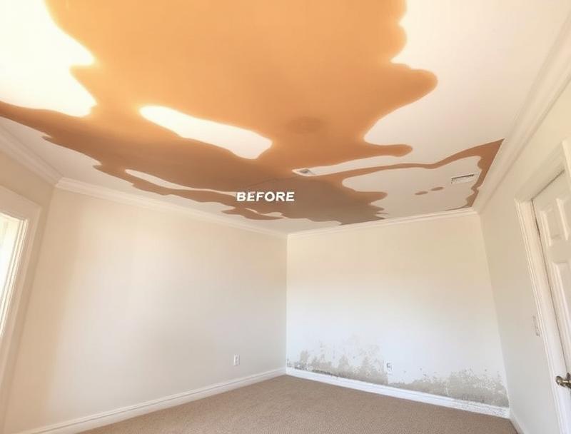 Bedroom with severe ceiling water stains and damage before restoration